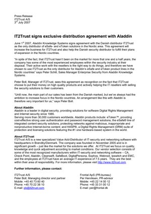 It2trust signs exclusive distribution agreement with aladdin