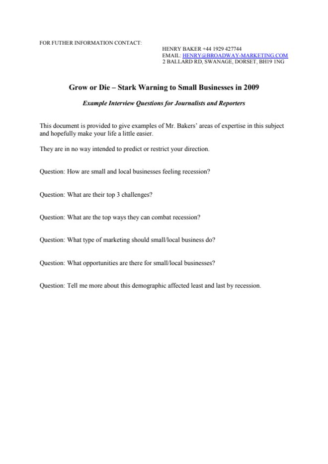 Example Interview Questions Grow or Die Stark Warning to Small Businesses in 2009