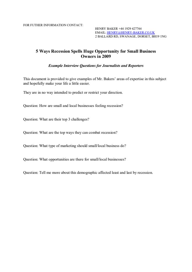 Example Interview Questions 5 Ways Recession Spells Huge Opportunity for Small Business Owners in 2009
