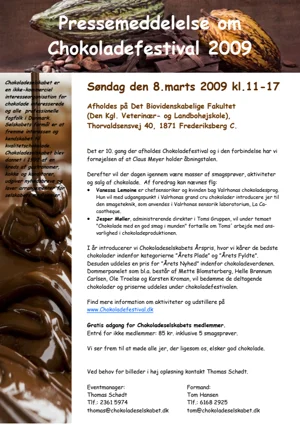 2009 Pressemeddelelse Chokoladefestival 2 uger inden Final