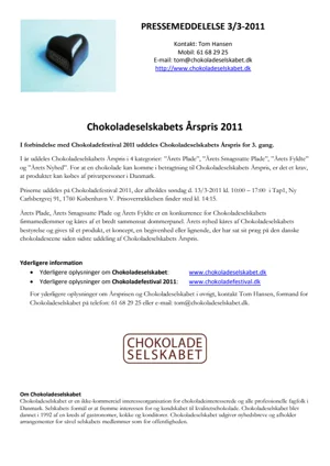 Pressemeddelelse Chokoladeselskabets Årspris 2011 Info