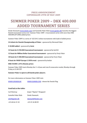 Press announcement Sommer Poker 2009 English