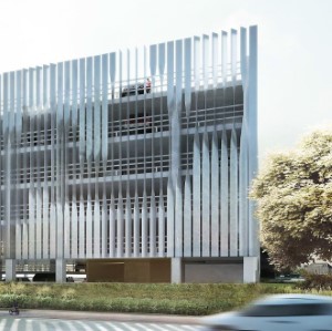 P-hus facade med oplyste twistede aluminiumslameller 