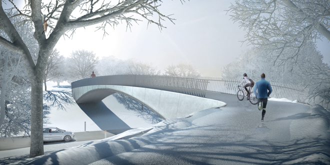 Visualisering af perlekædebroernes æstetiske muligheder. Design af Henning Larsen Architects.