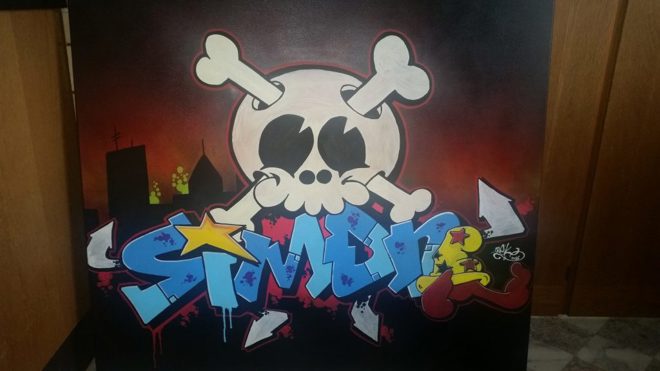 Graffitimaleri på lærred udført af Crack of Dawn til Simon
