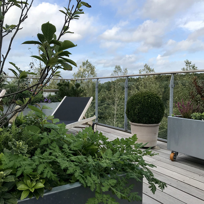 Plantekasser er med til at skabe rum, brug dem til at dele den store altan eller terrasse op, web