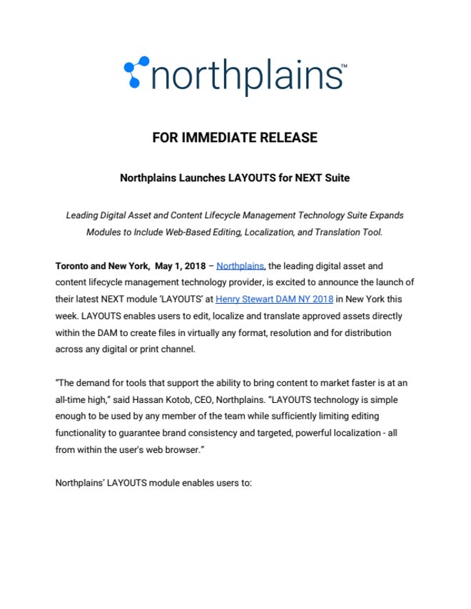 Northplains NEXT LAYOUTS Press Release