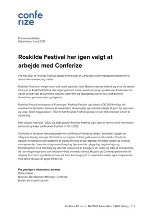 Pressemeddelelse 2021 06 01 Conferize og Roskilde festival