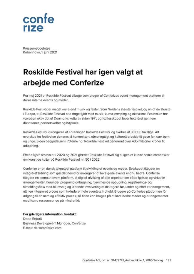 Pressemeddelelse 2021 06 01 Conferize og Roskilde festival